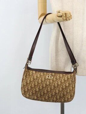 Christian Dior Trotter Canvas Shoulder Bag Beige Gold Auth bs33761